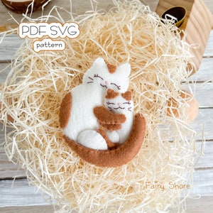 Gatti in feltro per mamma e bambino in formato PDF SVG, modello da cucire a mano - modello fai da te per decorazioni a forma di gatto coccoloso, decorazioni per la cameretta dei bambini, idee regalo per la festa della mamma, ornamenti