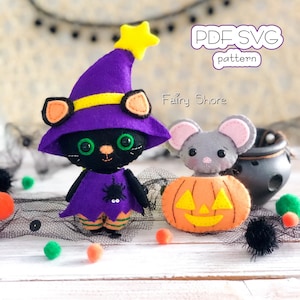 May include: A felt Halloween craft pattern for a black cat wearing a witch hat and a mouse inside a pumpkin. The pattern is available in PDF and SVG formats. The text "PDF SVG pattern" and "Fairy Shore" are visible in the image.