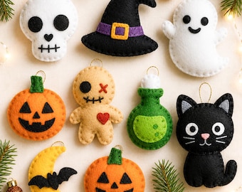 Patrón de costura para adornos de fieltro de Halloween: Decoración espeluznante para hacer tú mismo (archivos PDF y SVG)