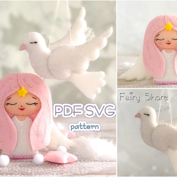 Angel and peace dove PDF SVG Christmas felt ornament pattern. Easy DIY, sewing toy pattern, felt Christmas decorations, pattern for cricut