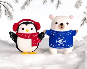 Felt Polar Bear & Penguin Ornament Sewing Pattern: DIY Christmas Animals (PDF SVG)