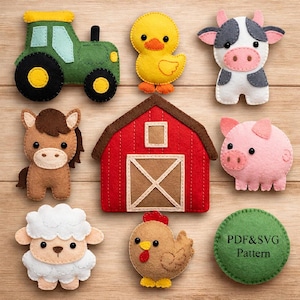 Puede incluir: Una colección de figuras de fieltro coloridas con animales de granja y temas de granja. Incluye un tractor verde, un patito amarillo, una vaca, un caballo, un granero rojo, un cerdo, una oveja, una gallina y un círculo verde con el texto "PDF&SVG Pattern".