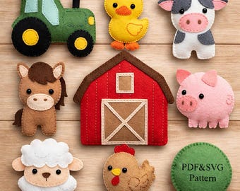 Peut inclure: Une collection de figurines en feutrine représentant des animaux de la ferme et des éléments de la ferme. Comprend un tracteur vert, un caneton jaune, une vache, un cheval, une grange rouge, un cochon, un mouton, une poule et un cercle vert avec le texte "PDF&SVG Pattern".