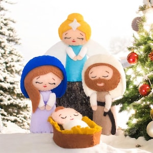 Felt Nativity Set PDF SVG Christmas hand Sewing Pattern, Virgin Mary, Baby Jesus, Joseph, Angel, Finger Puppets, DIY holiday Decor, ornament