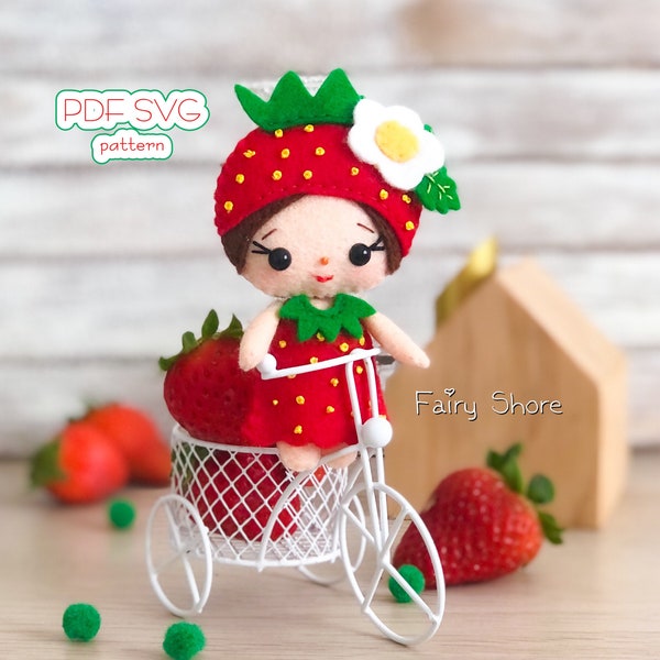 Strawberry doll sewing pattern, felt fruit, PDF SVG pattern, felt food, easy pattern, DIY felt toy, pattern for cricut