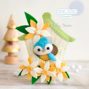 Spring Birdhouse Felt hand sewing Pattern PDF & SVG, Flower Decor with Blue Bird, DIY Craft, Cute Felt Ornament, Nursery decor, Cricut idea