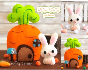 Felt Carrot House with Tiny Bunny - DIY PDF Pattern and SVG Files