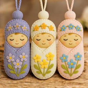 Può includere: Tre bambole di feltro, ognuna con uno schema di colori diverso. Le bambole sono avvolte in una coperta e hanno fiori ricamati sul davanti. Le bambole sono appese a una corda.