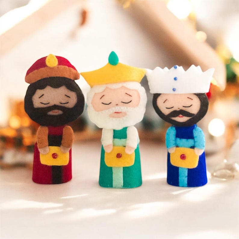 PDF and SVG felt sewing pattern to make 3” and 5” Three Wise Men finger puppets – DIY Christmas nativity set with Melchior, Balthasar, and Gaspar – beginner-friendly Cricut or manual cutting project.
