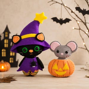Patrón de costura de fieltro para Halloween: Gato negro, bruja, ratón y calabaza – PDF SVG Decoración de otoño