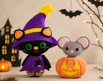 Halloween felt sewing pattern, Black Cat Witch, Mouse, and Pumpkin – PDF SVG fall Decor