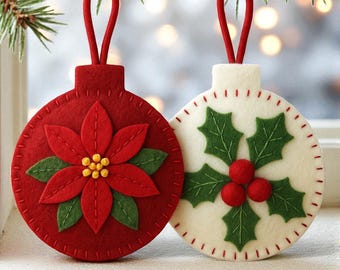 Christmas Poinsettia & Holly Felt Ornament Pattern – PDF SVG DIY Bauble Sewing Template