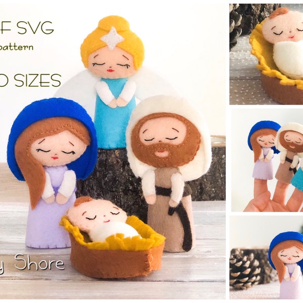 Felt Nativity set PDF SVG Christmas pattern, virgin Mary, baby Jesus, Joseph, Angel finger puppets