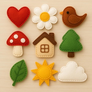 Set di modelli di cucito Felt Basics - Cuore, Margherita, Uccello, Albero, Casa, Fungo, Foglia, Sole, Nuvola - File PDF e SVG per ornamenti fatti a mano