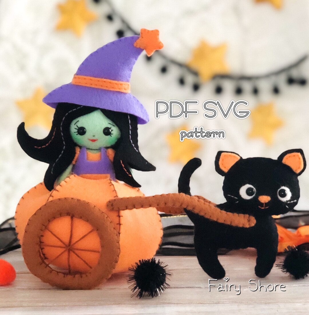 Halloween PDF SVG Felt Pattern Witch, Black Cat and Pumpkin Chariot ...