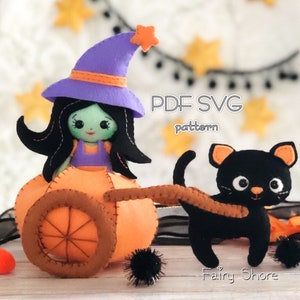 Halloween PDF SVG felt pattern witch, black cat and pumpkin chariot. Easy DIY, halloween decoration, felt toy pattern, felt animals, cricut