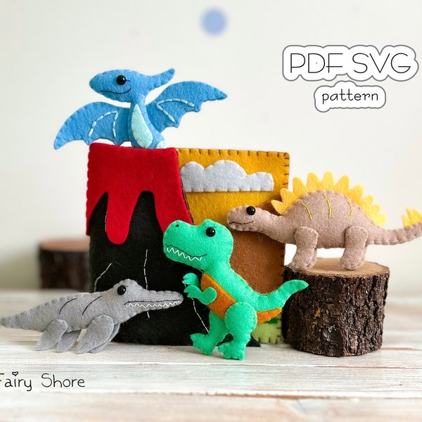 Dinosaur Felt Quiet Book PDF Pattern with SVG Files for T-Rex, Pterodactyl, Stegosaurus, and Kronosaurus