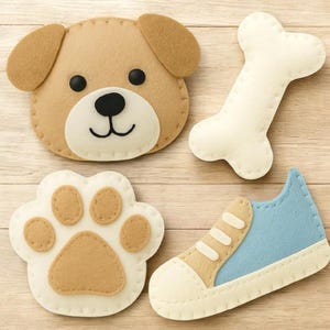 Dog Sewing Pattern: Felt Puppy Ornaments, Bone, Paw, Shoe (PDF + SVG)