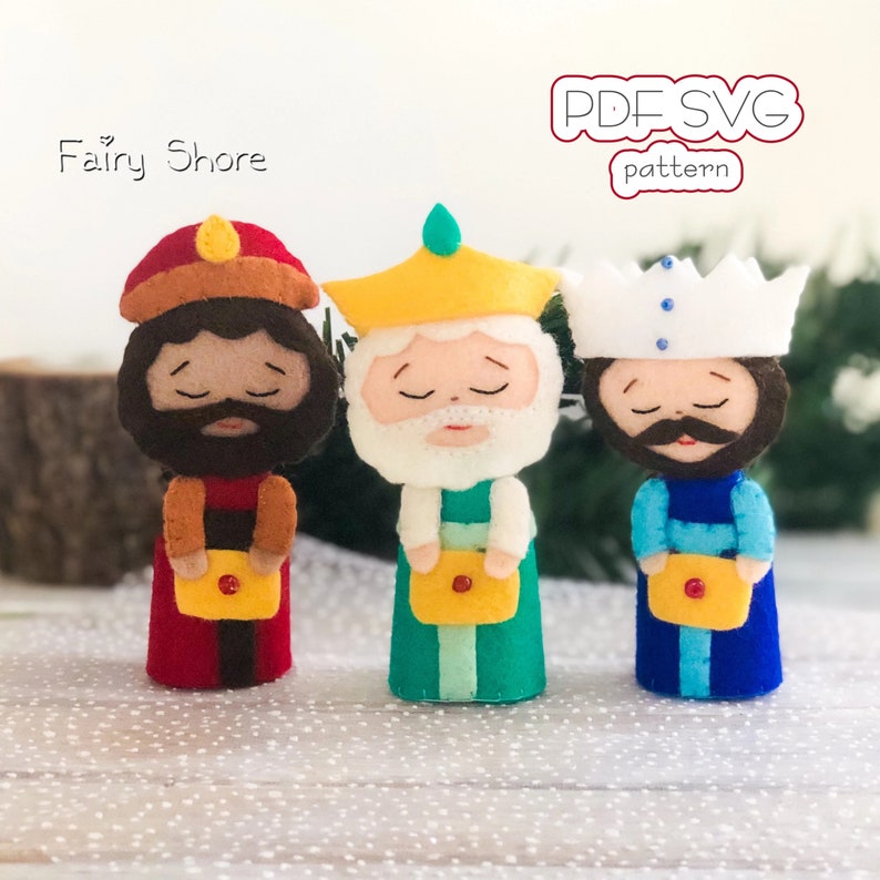 PDF and SVG felt sewing pattern to make 3” and 5” Three Wise Men finger puppets – DIY Christmas nativity set with Melchior, Balthasar, and Gaspar – beginner-friendly Cricut or manual cutting project.