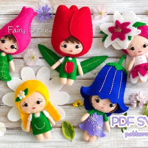 Flower Fairy Dolls PDF SVG Felt Pattern Set – Tulip, Lily, Daisy, Rose, Bluebell, DIY Doll hand Sewing Pattern, Cricut, Easy Flower Dolls