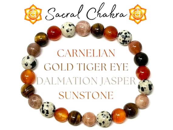 Sacral Chakra Bracelets - Carnelian, Dalmatian Jasper, Gold Tiger Eye & Sunstone 8 mm Gemstone Crystal Beads (Chakra Alignment Bracelets)