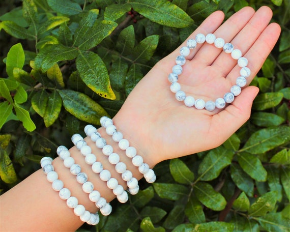 White Howlite Bead Bracelet: 8 mm Round Crystals (Premium Grade Stretch Gemstone Bracelet)