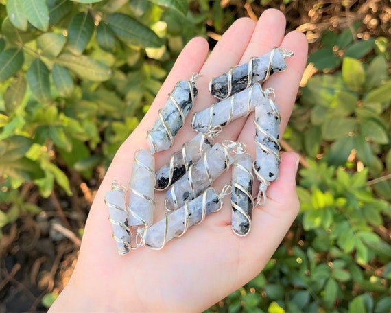 Rainbow Moonstone Spiral Wire Wrapped Point Pendant / Necklace (Rainbow Moonstone Point Pendant, Coil Wrapped Rainbow Moonstone Necklace)