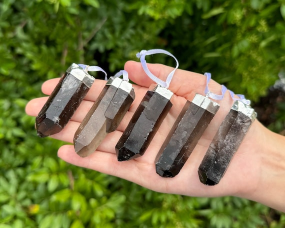 Smoky Quartz Point Crystal Ornament (Silver Plated) - Natural Smoky Quartz Crystal Point Decorative Oraments (Gemstone Christmas Ornaments)