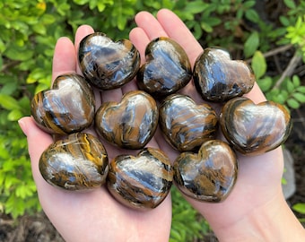 Puede incluir: Una colección de diez piedras de cristal en forma de corazón de ojo de tigre. Las piedras son una mezcla de marrón, dorado y negro con un efecto brillante e iridiscente.