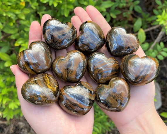 LARGE Gold Tiger Eye Heart Crystal, 1.75" - Choose How Many Bulk Discounts! (Palmstone Heart, Polished Tiger Eye Heart, Carved Heart)