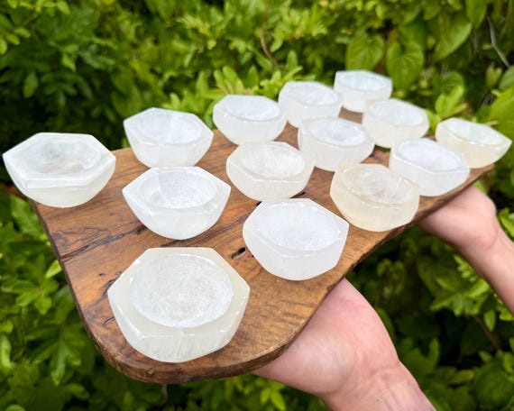 Small Selenite Hexagon Crystal Bowl, 2.75” Charging Bowl - Decorative Stone Bowls for Altar Decor