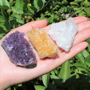 3 Piece Lot: Citrine, Amethyst & Clear Quartz Crystal Clusters ('A' Grade Amethyst Cluster, Citrine Cluster, Clear Quartz Cluster Set)