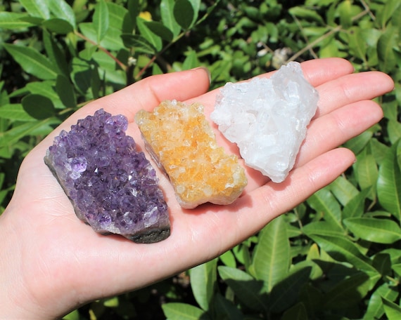 3 Piece Lot: Citrine, Amethyst & Clear Quartz Crystal Clusters ('A' Grade Amethyst Cluster, Citrine Cluster, Clear Quartz Cluster Set)