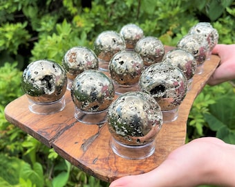 Pyrite Crystal Sphere with Stand, Large 1.5 - 2" ('AAA' Grade Polished Pyrite From Peru)