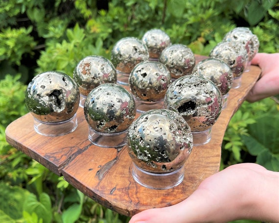 Pyrite Crystal Sphere with Stand, Large 1.5 - 2" Sphere ('AAA' Grade, Pyrite Sphere, Polished Pyrite Crystal, Healing Crystal)