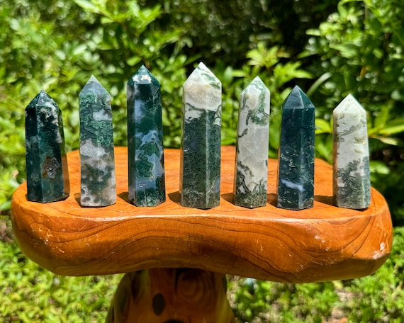 Moss Agate Obelisk, 2.75 - 3.5" (Natural Polished Moss Agate Towers, 'A' Grade Premium Quality Moss Agate Crystals)