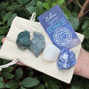 K&ouml;nnte beinhalten: Eine kleine wei&szlig;e Kordeltasche mit vier Kristallen darin. Die Kristalle sind gr&uuml;n, wei&szlig; und blau. Eine Karte mit dem Text "Zodiac Crystal Kit Pisces" liegt auf der Tasche.
