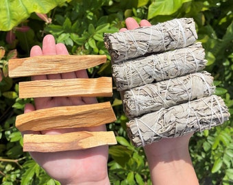 White Sage Smudge + Palo Santo Wood Bundles - Choose How Many of Each (4" White Sage Smudge Bundle & Palo Santo Holy Wood, Smudge Sticks)