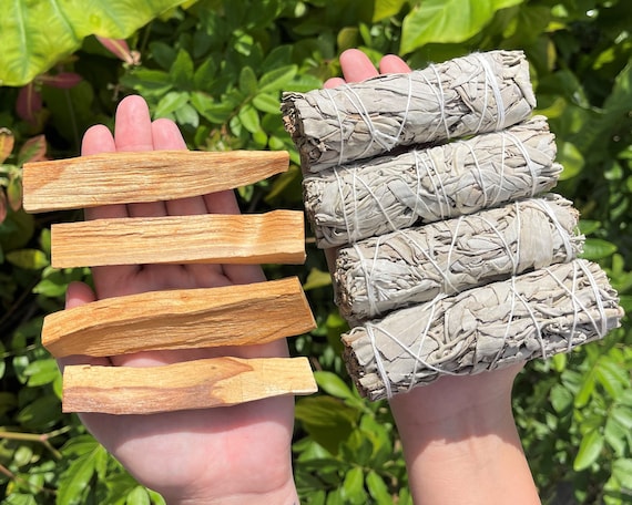 White Sage Smudge + Palo Santo Wood Bundles - Choose How Many of Each (4" White Sage Smudge Bundle & Palo Santo Holy Wood, Smudge Sticks)