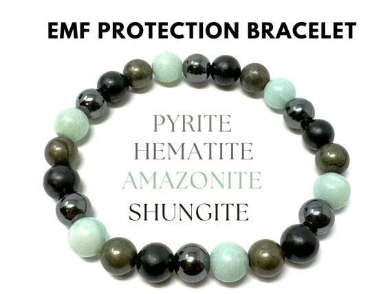 EMF Protection Bracelet: Shungite, Hematite, Pyrite & Amazonite 8 mm Round Protection Crystals (Crystal Healing Bracelet, Gift)