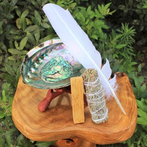 Smudge Kit - Detailed Directions, Sage Smudge Stick, Palo Santo Wood, Smudging Feather, 6" Tripod Stand, Premium Abalone Shell