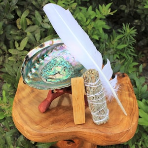 Smudge Kit - Detailed Directions, Sage Smudge Stick, Palo Santo Wood, Smudging Feather, 6&quot; Tripod Stand, Premium Abalone Shell