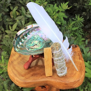 Smudge Kit - Detailed Directions, Sage Smudge Stick, Palo Santo Wood, Smudging Feather, 6" Tripod Stand, Premium Abalone Shell