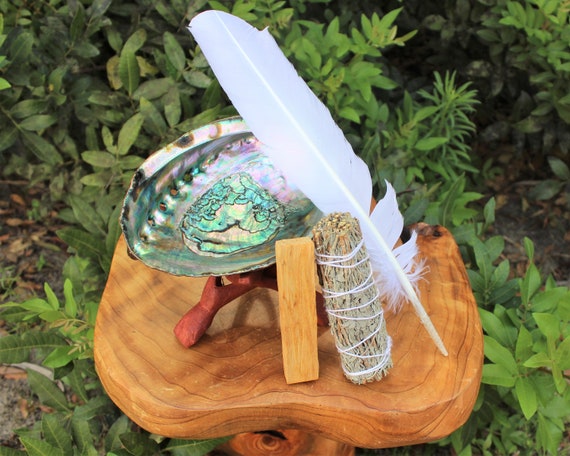Smudge Kit - Detailed Directions, Sage Smudge Stick, Palo Santo Wood, Smudging Feather, 6" Tripod Stand, Premium Abalone Shell