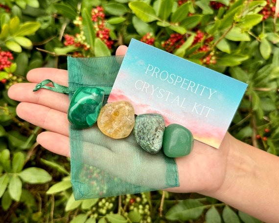 Prosperity Crystal Kit, 4 pcs In Organza Pouch - Most Popular Tumbled Crystal Gift Kits (Good Luck Chakra Protection Healing Sets)