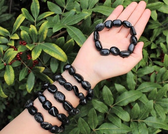 Black Tourmaline Tumbled Stone Crystal Bracelet 6-8mm | Genuine Tourmaline Gemstone Jewelry Gift for Her