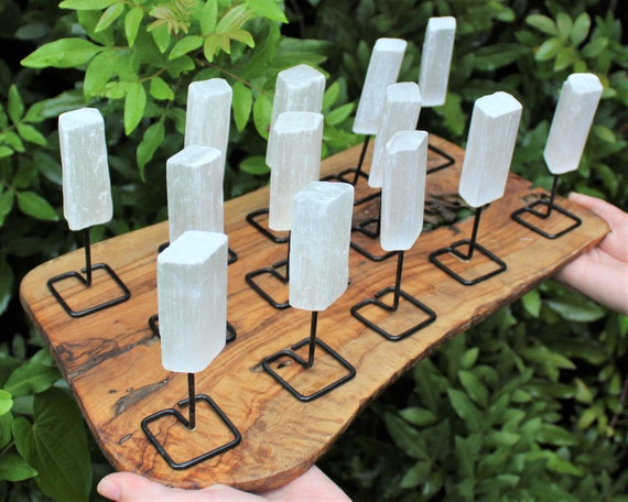 Selenite Stick on Stand, Selenite Crystal Mini Pin (Free Standing Selenite Log on Metal Stand, Natural Selenite Wand)