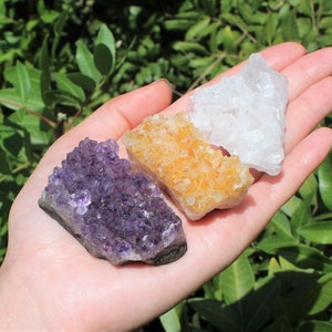 May include: Three raw crystal clusters in a hand. The clusters are amethyst, citrine, and clear quartz. The amethyst is purple, the citrine is yellow, and the quartz is clear.