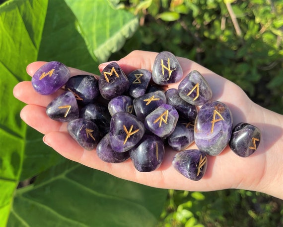 Amethyst Rune Stone Set with Velvet Storage Pouch (Set of 25 Elder Futhark Runes)