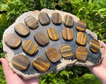 Gold Tiger Eye Palm Stones - Medium Size, Oval Shape (Smooth Polished Tigers Eye Crystals)